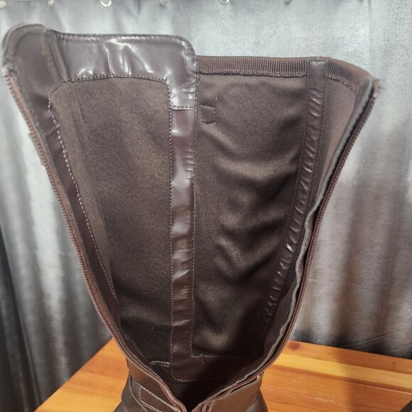 Franco Sarto Brown Knee High Riding Boots Chrome Zip Up Size 8.5M Neoprene Calf - Picture 13 of 16